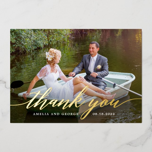 Modern Script REAL FOIL Photo Thank You Card (Front)
