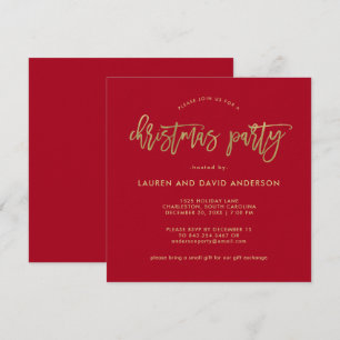 Modern Script   Red and Faux Gold Christmas Party Invitation