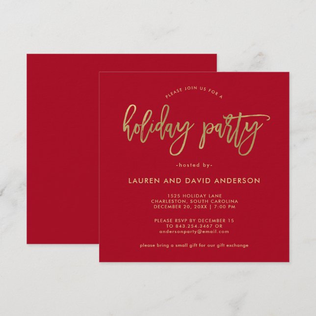 Modern Script | Red and Faux Gold Holiday Party Invitation (Front/Back)