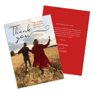 Modern Script Red Budget Wedding Name And Photo  Thank You Card