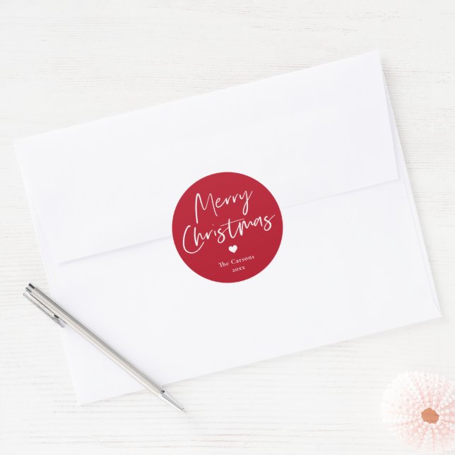 Modern Script Red Christmas Card Envelope Classic Round Sticker (Envelope)