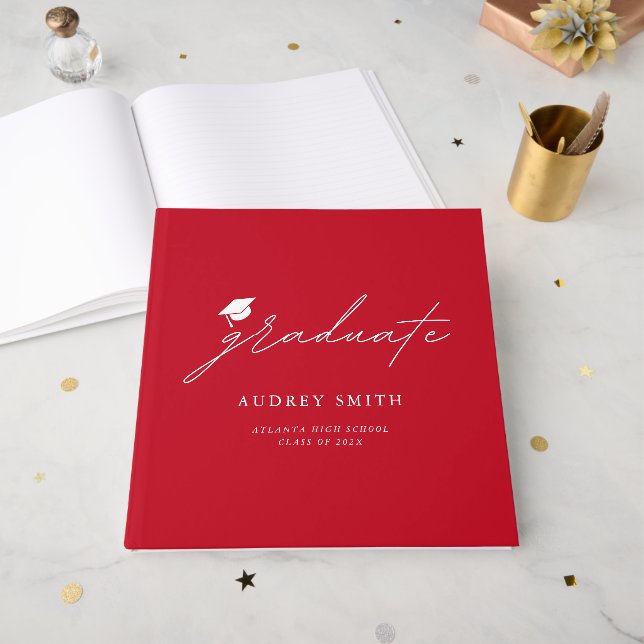 Modern  Script Red Graduation Party Napkins Guest Book (Front Open)