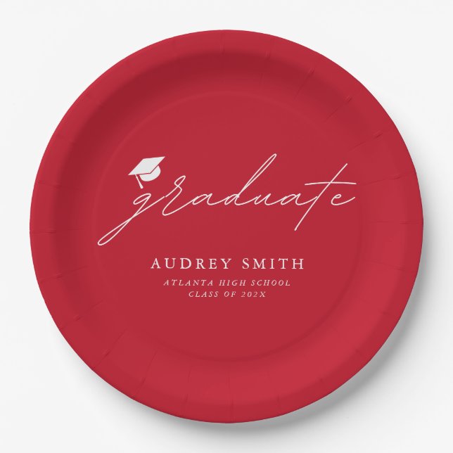 Modern  Script Red Graduation Party Napkins Paper Plate (Front)