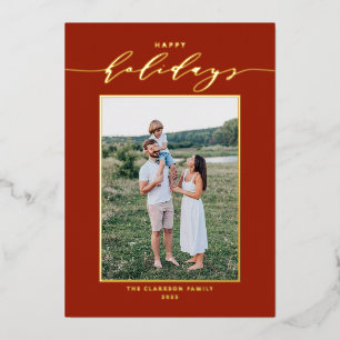 Modern Script Red Happy Holidays Photo Foil Holiday Card