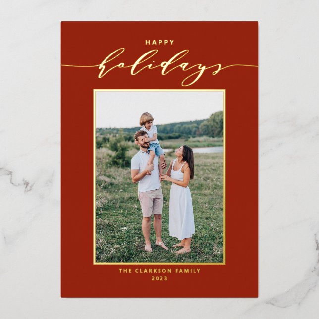 Modern Script Red Happy Holidays Photo Foil Holiday Card (Front)