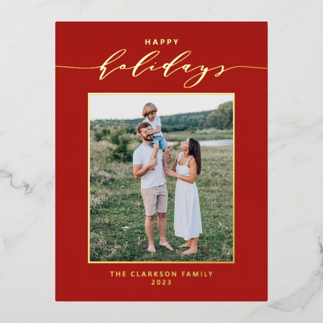 Modern Script Red Happy Holidays Photo Foil Holiday Postcard (Front)