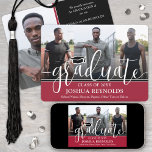 Modern Script Red White & Black 4 Photo Graduation Announcement<br><div class="desc">Share the joy of a high school or college graduation with custom 4 photo collage red, white and black announcements. The pictures and all wording on this template are simple to personalize with any details of your choice, such as party invitation info, parents' names, special honours, degree title, favourite inspirational...</div>