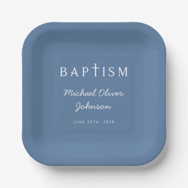 Modern Script Religious Cross Blue Boy Baptism  Paper Plate (Front)