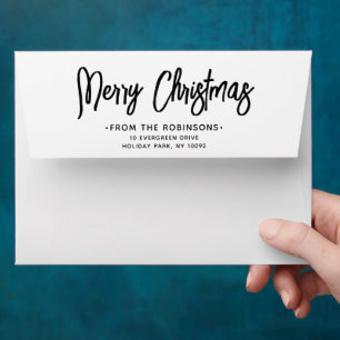 Modern Script Return Address Black White Christmas Envelope