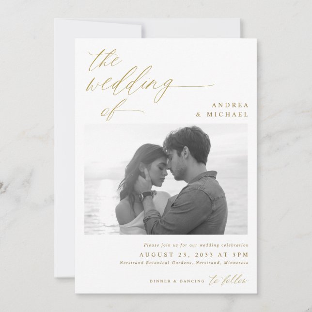 Modern Script Romantic Photo Gold Wedding Invitation (Front)