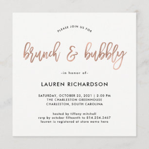 Modern Script   Rose Gold Brunch and Bubbly Invitation