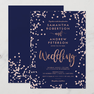 Modern script rose gold confetti navy blue wedding invitation