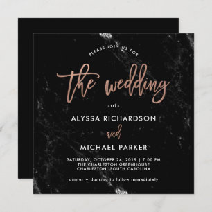 Modern Script   Rose Gold on Black Marble Wedding Invitation