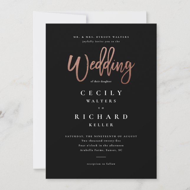 Modern Script Rose Gold Wedding Invitation (Front)