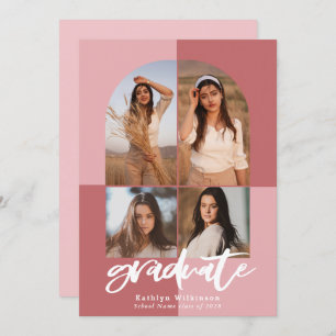 Modern Script Rose Pink Arch Multi Photo Grad Invitation
