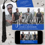 Modern Script Royal Blue White 4 Photo Graduation Announcement<br><div class="desc">Share the joy of a high school or college graduation with custom 4 photo collage royal blue and white announcements. The pictures and all wording on this template are simple to personalize with any details of your choice, such as party invitation info, parents' names, special honours, degree title, favourite inspirational...</div>