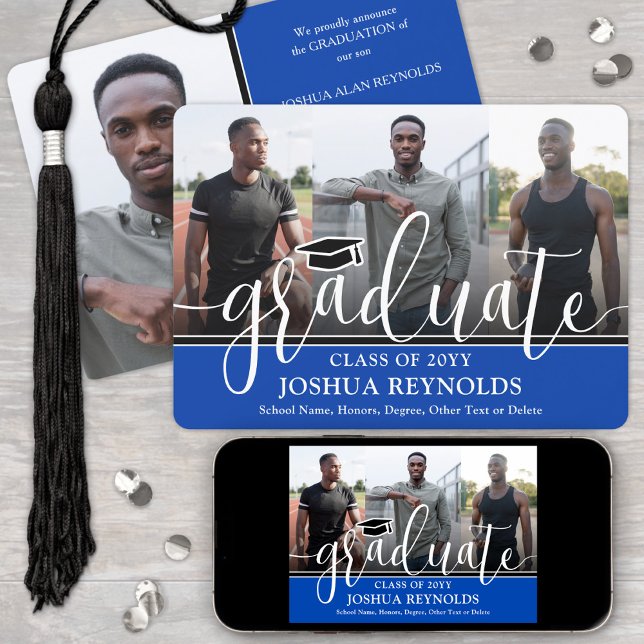 Modern Script Royal Blue White 4 Photo Graduation Announcement (Creator Uploaded)