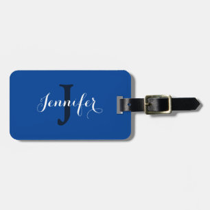 Modern Script Royal Blue White Monogram Luggage Tag