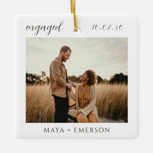 Modern Script Rustic Engagement Photo Keepsake  Ceramic Ornament (Front)