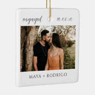Modern Script Rustic Engagement Photo Keepsake  Ceramic Ornament