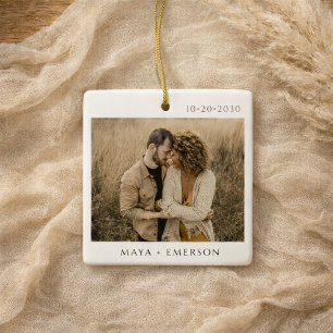 Modern Script Rustic Engagement Photo Keepsake  Ceramic Ornament