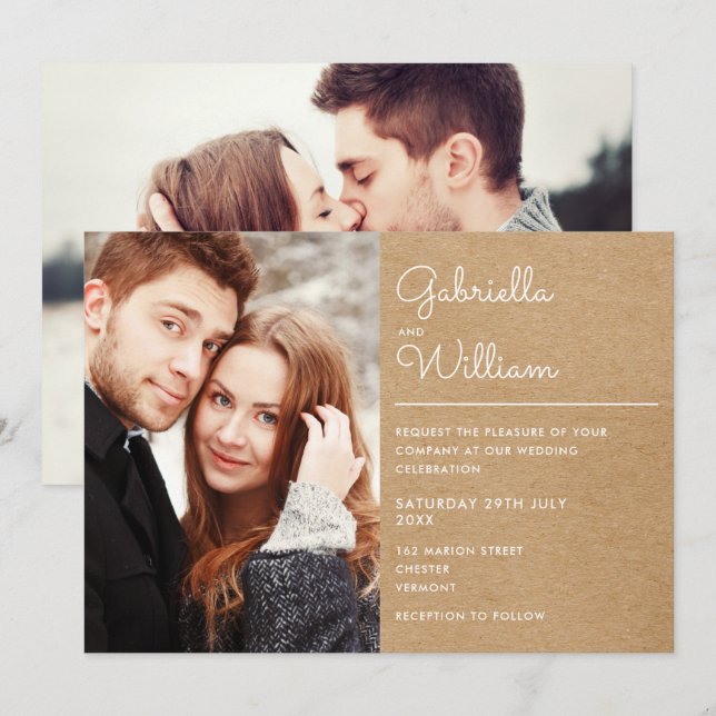 Modern Script Rustic Kraft 2 Photo Wedding Invitation (Front/Back)