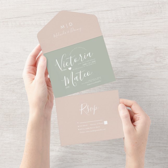 Modern Script Sage Blush Pink Wedding  All In One Invitation (Tearaway)