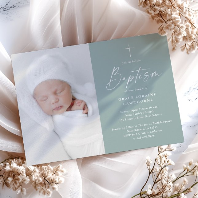 Modern Script Sage Gender Neutral Photo Baptism Invitation (Modern script elegant sage green gender neutral photo baptism invitation.)