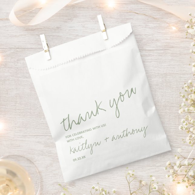Modern Script Sage Green Minimalistic Wedding Favour Bag (Clipped)