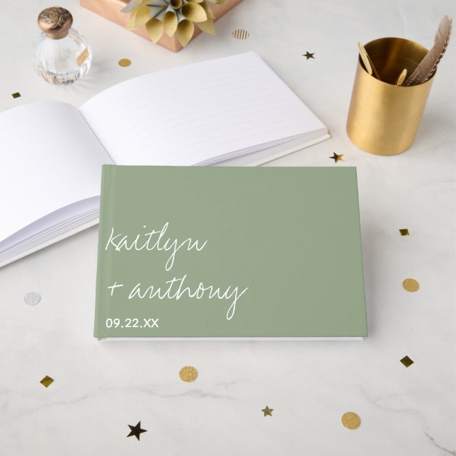 Modern Script Sage Green Minimalistic Wedding Guest Book (Front Open)