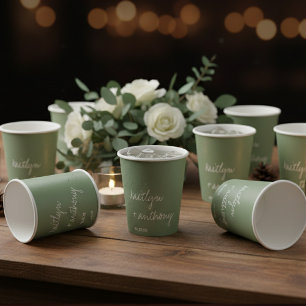 Modern Script Sage Green Minimalistic Wedding Paper Cups