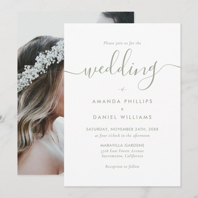 Modern Script Sage Green Photo Wedding Invitation (Front/Back)