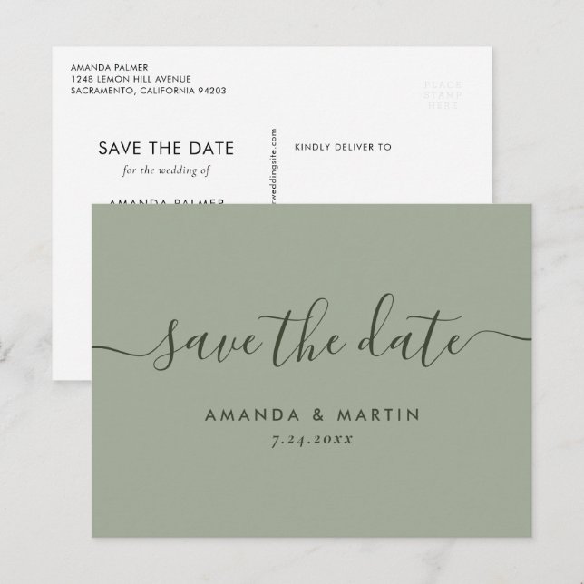 Modern Script Sage Green Wedding Save The Date Announcement Postcard (Front/Back)