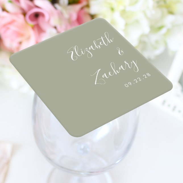 Modern Script Sage Green Wedding Square Paper Coaster (Creator Uploaded)