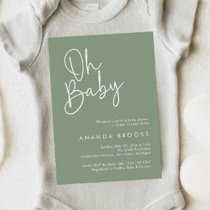 Modern Script Sage Oh Baby Simple Baby Shower Invitation