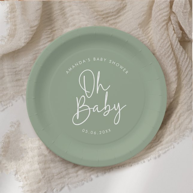 Modern Script Sage Oh Baby Simple Baby Shower Paper Plate (Creator Uploaded)