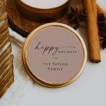 Modern Script | Salmon Happy Holidays Holiday Gift Classic Round Sticker<br><div class="desc">These modern script salmon happy holidays holiday gift stickers are perfect for a minimalist holiday present or holiday card. The simple orange pink design features unique industrial lettering typography with modern boho style. Customizable in any colour. Personalize the stickers with your name.</div>