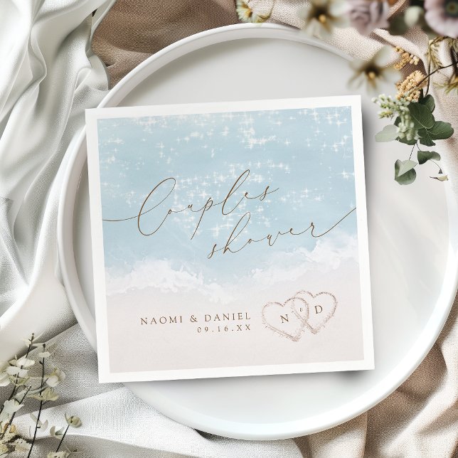 Modern Script Sand Hearts Beach Couples Shower Napkin (Modern Script Sand Hearts Beach Couples Shower Napkins)