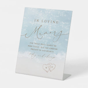 Modern Script Sand Hearts Beach in loving memory Pedestal Sign