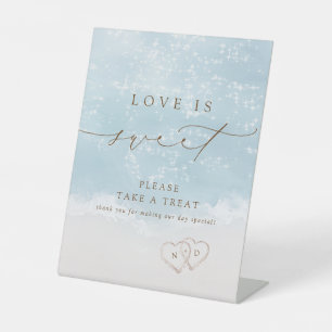 Modern Script Sand Hearts Beach Love Is Sweet Pedestal Sign