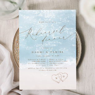 Modern Script Sand Hearts Beach Rehearsal Dinner Invitation