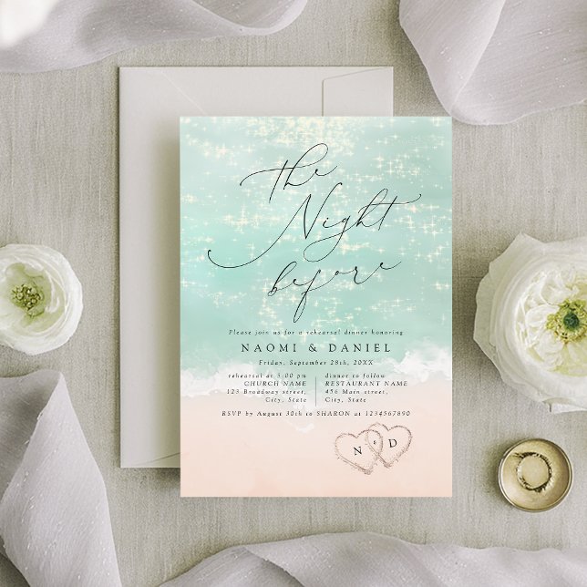 Modern Script Sand Hearts Beach Rehearsal Dinner Invitation (Modern Script Sand Hearts Beach Rehearsal Dinner Invitation)