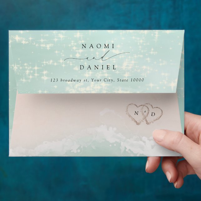 Modern Script Sand Hearts Beach Return Address Envelope (Hand)