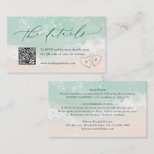 Modern Script Sand Hearts Beach Wedding Details Place Card (Front/Back)