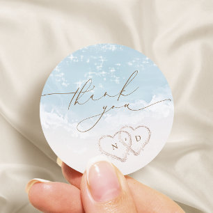 Modern Script Sand Hearts Beach Wedding Thank You Classic Round Sticker