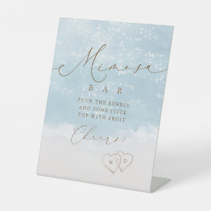 Modern Script Sand Hearts Bridal Shower Mimosa Bar Pedestal Sign