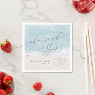 Modern Script Sand Hearts She Said Yes Engagement Napkin
