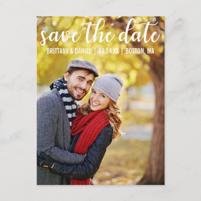 Modern Script | Save The Date Couple Photo Postcard (Front)