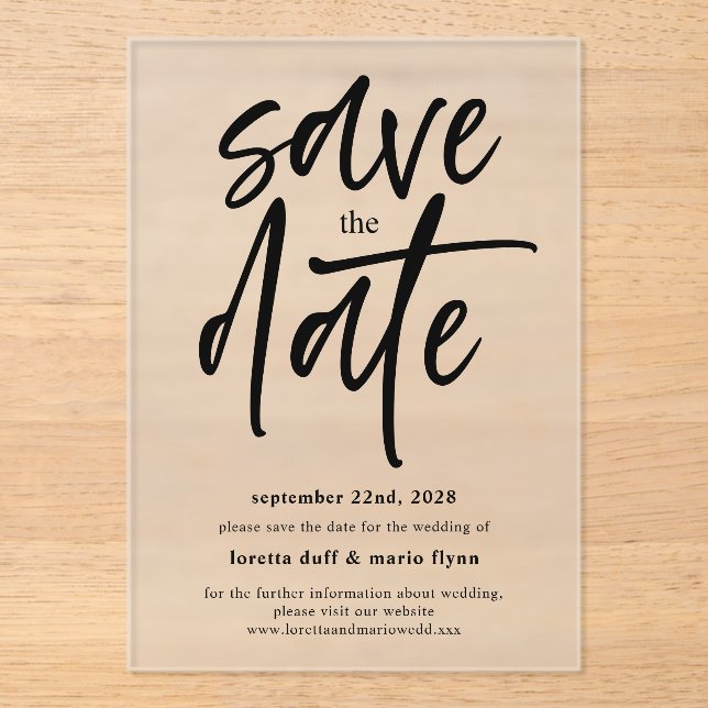 Modern Script Save the date Frosted Acrylic Invitations (Front)