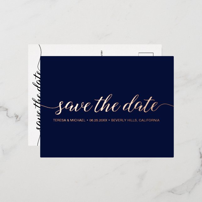 Modern Script Save the date Wedding Blue Rose Gold Foil Invitation Postcard (Front/Back)